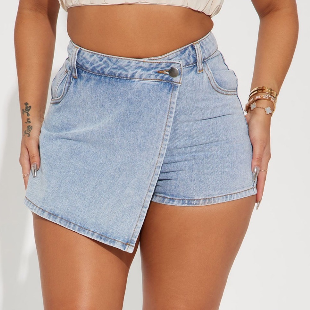 Fashion Nova | crossoverer waistband denim skort - light wash